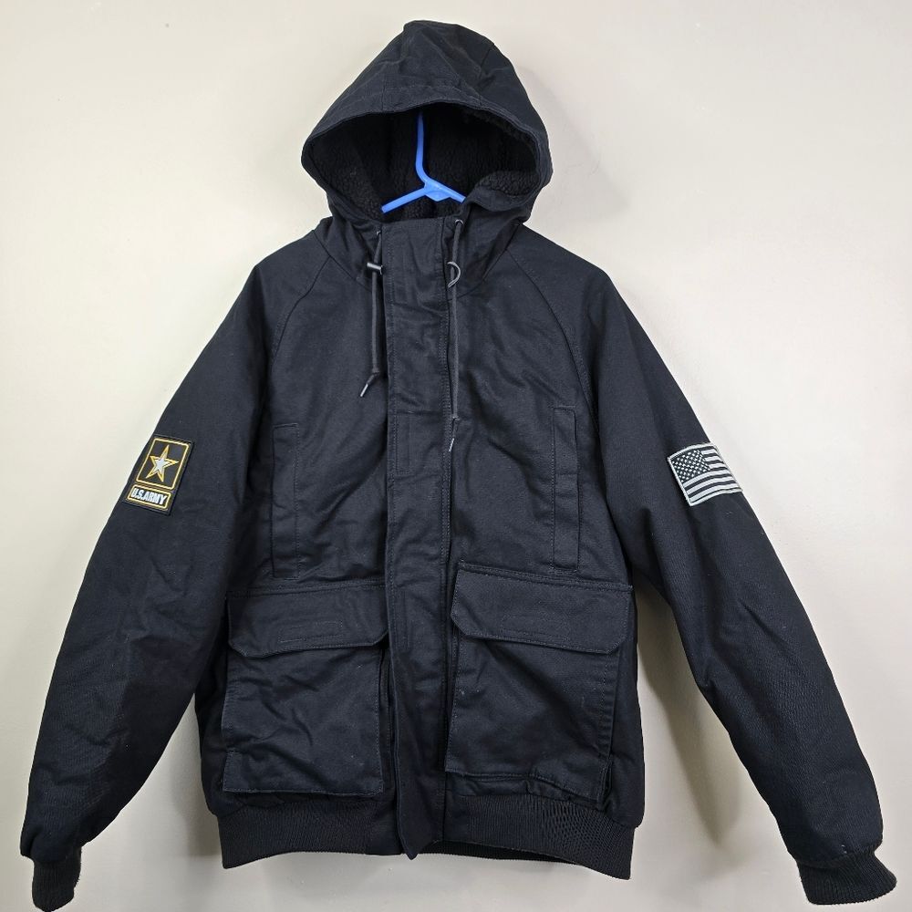 U.S. Army Full Zip 4 Pocket Patchwork Hooded Bomber Jacket Medium